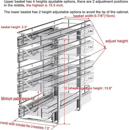 DINDON Pull Out Cabinet Organizer (7-1/2" W x 21-1/2"D), Cabinet Pull Out Shelves, 2 Tier Pull Out Drawers for Kitchen Cabinets, Wire Basket Slide Out Shelf for Cabinet Organization - Image 2