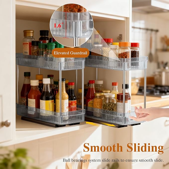 DABIGE 2 Pack Pull Out Spice Rack Organizer for Cabinet, 2 Tier Slide Out Spice Racks Organizer, Spice Cabinet Organizers, Cabinet Size Need:12'' High x 11'' Deep x 5'' Wide, Clear Acrylic - Image 3