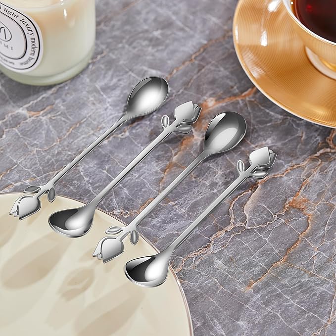 Silver Tulip/Rose Handle 12-Pcs Mini Coffee Spoons Set - 6" Stainless Steel for Espresso, Tea, Dessert - Ideal for Demitasse & Small Servings - Image 9