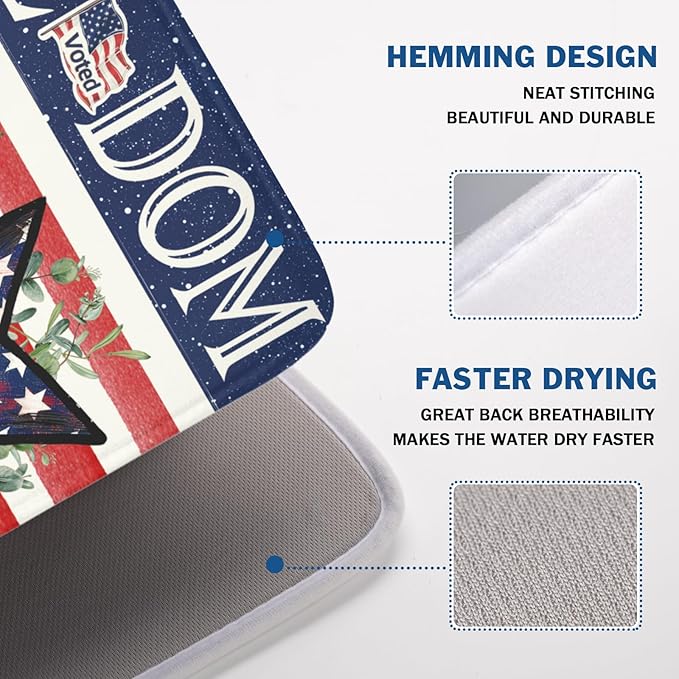 4th of July Dish Drying Mat 24x18 Inch, Patriotic Drying Mat with Absorbent Reversible Microfiber, Independence Day Dish Drainer Mats Memorial Day Rack Pad for Coffee Countertop Kitchen Protector