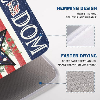 4th of July Dish Drying Mat 24x18 Inch, Patriotic Drying Mat with Absorbent Reversible Microfiber, Independence Day Dish Drainer Mats Memorial Day Rack Pad for Coffee Countertop Kitchen Protector