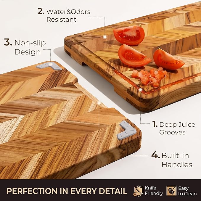 Teak Wood Cutting Board for Kitchen Large End Grain Heavy Duty Checkered Wooden Cutting Board Non Toxic Herringbone Charcuterie Butcher Block Non Slip Hardwood Chopping Board with Juice Groove Handle - Image 6