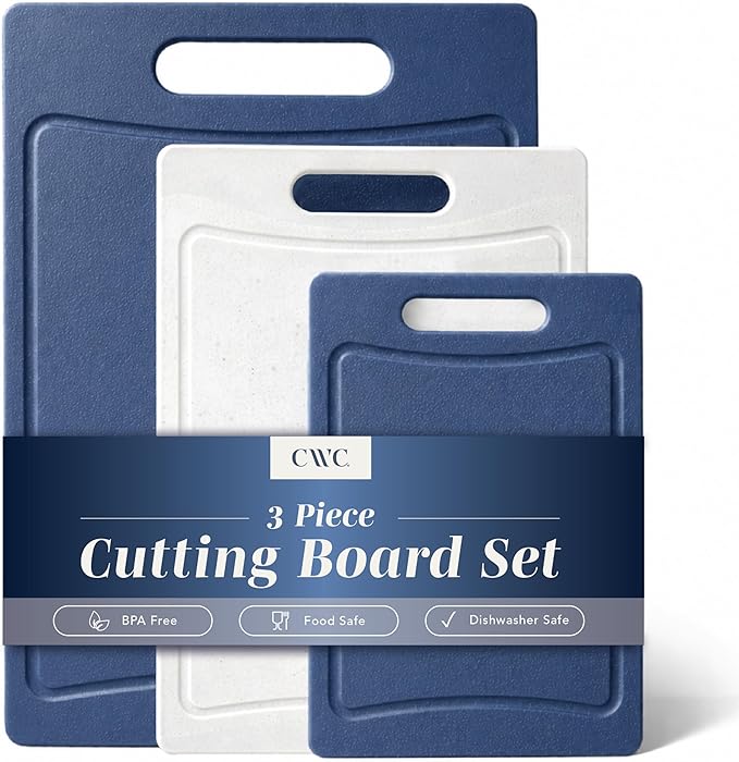 COOK WITH COLOR Non-Slip Cutting Board Set – Kitchen Essentials with Easy Grip Handle for Meat, Veggies, and Fruits, 3 Cutting Boards, Blue and White Marble by CookwithColor