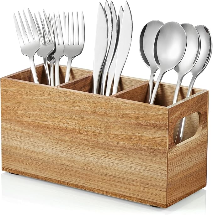 DRASTAR Silverware Holder, Acacia Wooden Utensil Caddy, Silverware Organizer Countertop, Cutlery Holder for Party, Fork Spoon Knife Organizer by EnhanceYourDailyLife