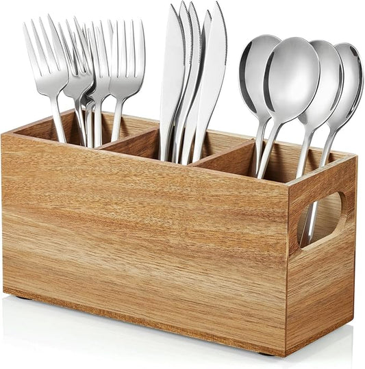 DRASTAR Silverware Holder, Acacia Wooden Utensil Caddy, Silverware Organizer Countertop, Cutlery Holder for Party, Fork Spoon Knife Organizer by EnhanceYourDailyLife