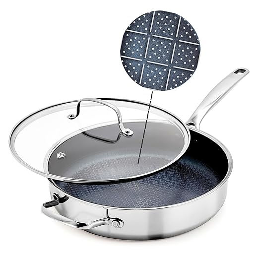 Blue Diamond Hybrid Nonstick Stainless Steel 4QT Saute Pan with Glass Lid, PFAS-Free Ceramic Diamond Bond, Deep Jumbo Skillet, Induction Ready, Dishwasher & Metal Utensil Safe, Stay-Cool Handle by BlueDiamondCookware