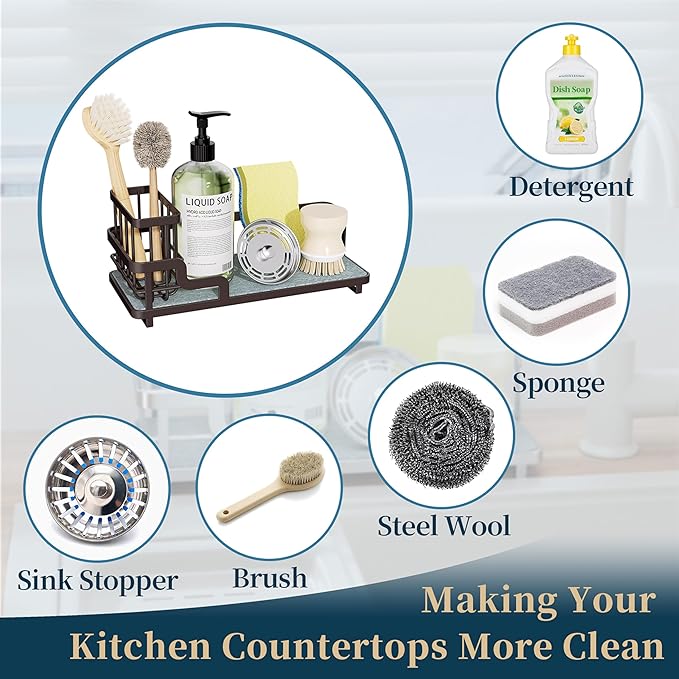 Consumest Sponge Holder for Kitchen Sink - Sink Caddy Organizer with Water Absorbing Stone Tray, Detachable Brush Holder, Stainless Steel Kitchen Counter Organizer Rack, Bronze - Image 7
