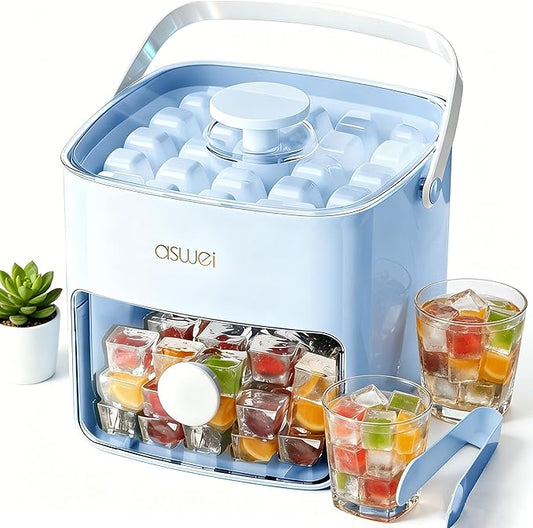 Ice Cube Tray with Lid and Bin, Pack Stackable Ice Tray with Bin and Scoop, BPA-Free Plastic Ice Cube Trays for Freezer with Lid, Chilling Whiskey, Coffee, Cocktail (Blue)
