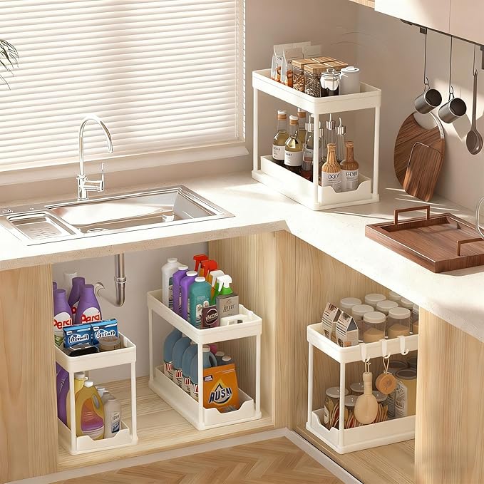 Under Sink Organizers and Storage 2 Pack, Pull-Out Sliding Cabinet Organizer with 2-Tier Storage Shelf & 4 Hooks, Multi-Purpose for Kitchen & Bathroom (13 Inch, White) - Image 8
