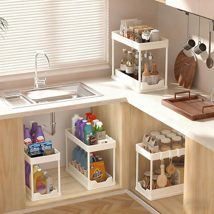 Under Sink Organizers and Storage 2 Pack, Pull-Out Sliding Cabinet Organizer with 2-Tier Storage Shelf & 4 Hooks, Multi-Purpose for Kitchen & Bathroom (13 Inch, White) - Image 8