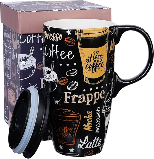 Topadorn Ceramic Travel Mug with Handle Coffee Mug Ceramic Latte Tea Mug, Color Boxed, 17 oz, Splash Resistant Lid - Travel Tea Mug for Car Cup Holder, Frappe