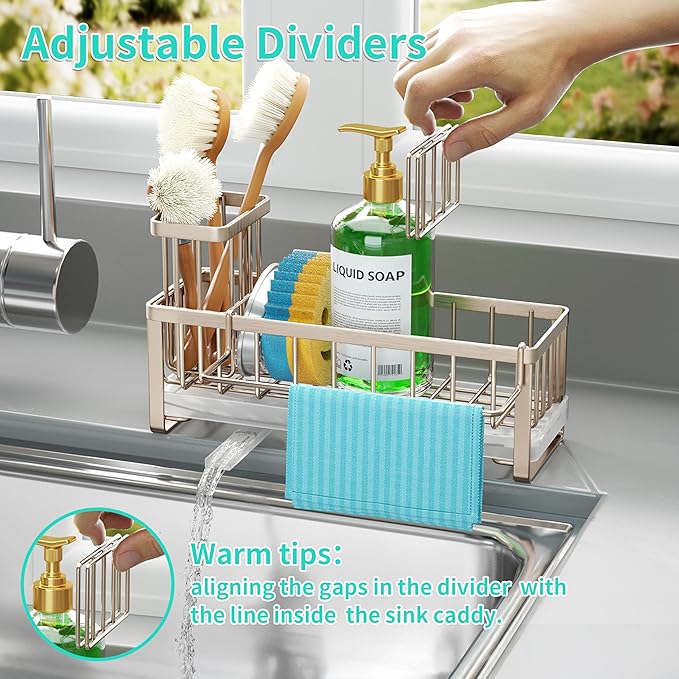 HapiRm Sponge Holder for Kitchen Sink - Self-draining Sink Caddy with Brush Holder and Dishcloth Holder, Stainless Steel Kitchen Organizer for Countertop - Brushed Nickel - Image 4