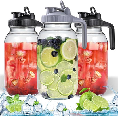 3 Packs 64OZ Glass Pitcher with Lid, Wide Mouth Mason Jar Water Jug, Leak-Proof Airtight Mason Jar for Cold Brew Coffee, Iced tea, Milk, Food Storage, Sun Tea by Scidea