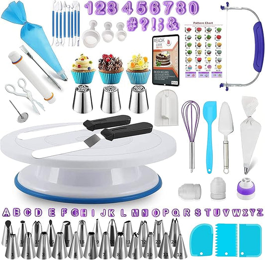 RFAQK 230PCs Cake Decorating Supplies Kit, Cake Decorating Set with Cake Turntable, Piping Bags and Tips, Modeling Tools, Cookie Plunger Cutters, Icing Smoother & Other Accessories for Cake Decoration by RFAQK