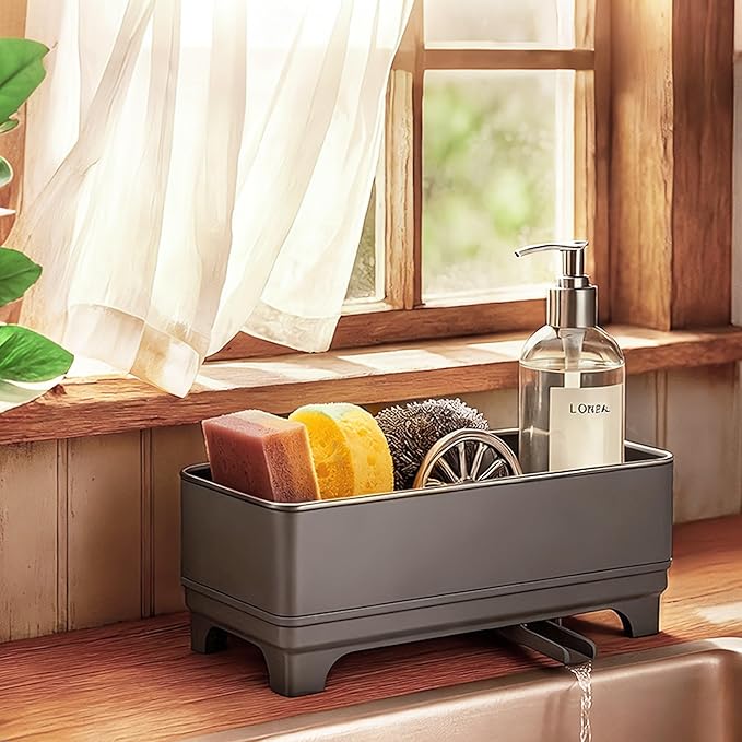 MOUKABAL Sponge Holder for Kitchen Sink – Rustproof Stainless Steel, 360° Rotating Drain Pipe, Large Counter Organizer with Drip Tray for Sponges, Brushes & Dish Cloths Grey by MOUKABALGREATHELPER