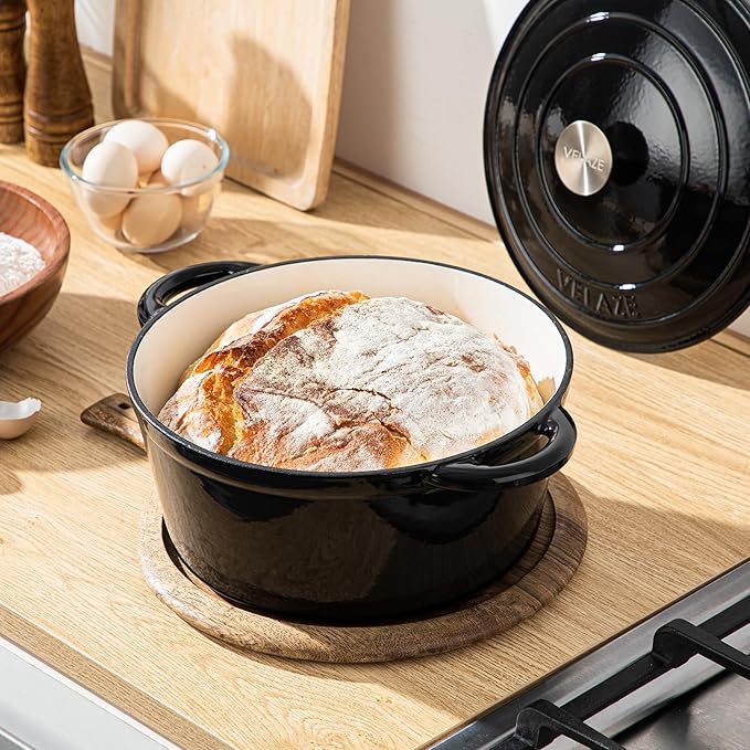 Velaze 7.5 QT Dutch Oven Pot with Lid, Enameled Cast Iron Dutch Oven with Dual Handles for Sourdough Bread Baking, Cooking, Non-stick Enamel Coated Cookware (Black) - Image 8