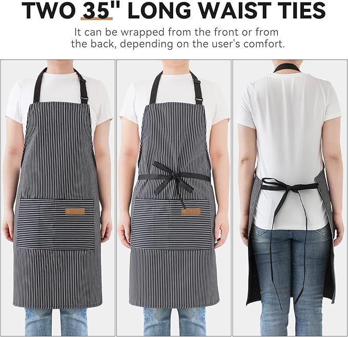 NLUS 2 Pack Kitchen Cooking Aprons, Adjustable Bib Soft Chef Apron with 2 Pockets for Men Women (Black Pinstripes) - Image 5