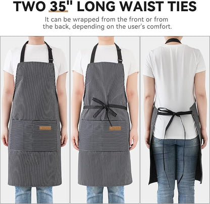NLUS 2 Pcs Kitchen Cooking Aprons, Poly/Cotton Blend Adjustable Soft Bib Stripe Aprons with 2 Pockets for Women Men Chef (Blue Pinstripes/Black Pinstripes) - Image 6
