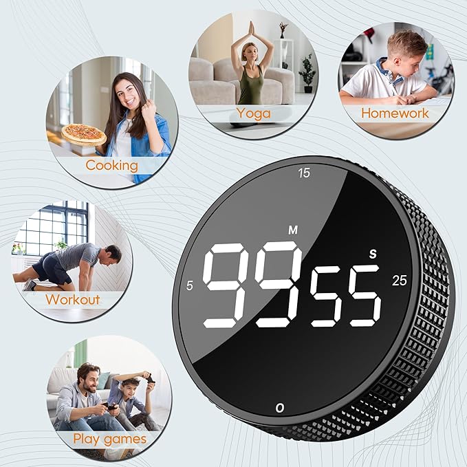 Upgrade Digital Kitchen Timer - 2 Pack Magnetic Countdown Countup Visual Pomodoro Timer with Large LED Display, 3-Preset Times, 3 Volume Levels, Ideal for Cooking, Baking and Fitness (2, Black) - Image 7
