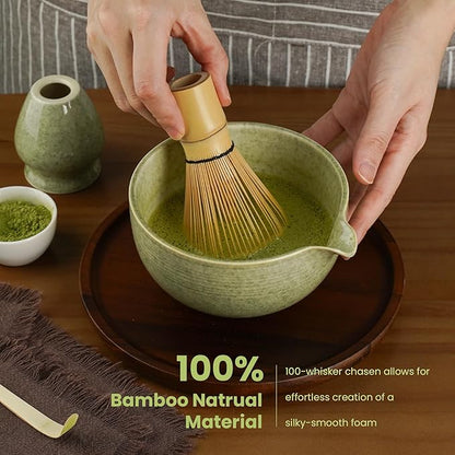Matcha Whisk Set, Ceramic Bowl Matcha Kit & Handcrafted Bamboo Chasen, Complete 5 Pcs Matcha Set Whisk and Bowl, Stainless Steel Sifter, Bamboo Scoop & Holder for Matcha Lovers