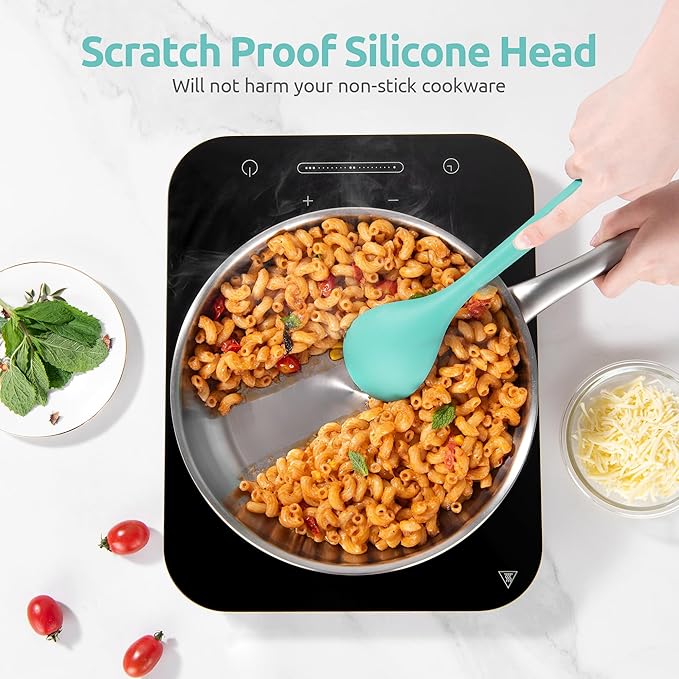 600ºF Heat Resistant Kitchen Utensil: U-Taste 13.6" Extra Long Silicone Cooking Tools Set, Food-Grade Non-Stick Solid and Slotted Turner Spatula, Mixing Spoon, and Soup Ladle (5 Pieces, Aqua Sky) - Image 5