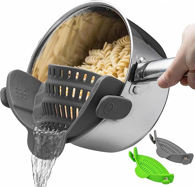 2 Pack Kitchen Gizmo Snap-On Strainer - Silicone Clip-On Strainer for Pots and Pans - Collapsible Design - Heat Resistant Colander for Vegetables and Noodles - Ideal for Rice, Grains - Green/Grey by KitchenGizmo