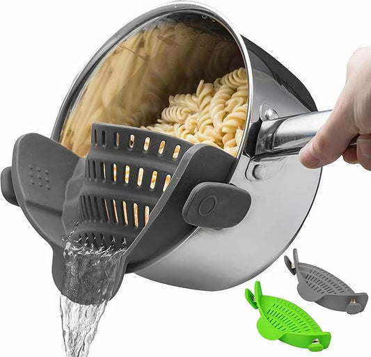 2 Pack Kitchen Gizmo Snap-On Strainer - Silicone Clip-On Strainer for Pots and Pans - Collapsible Design - Heat Resistant Colander for Vegetables and Noodles - Ideal for Rice, Grains - Green/Grey by KitchenGizmo