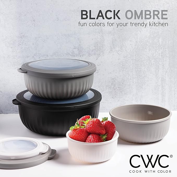 COOK WITH COLOR Prep Bowls with Lids- Wide and Deep Nesting Plastic Small Mixing Bowl Set with Lids, 8 Piece Set - Wide Bowls, Black/White - Image 3