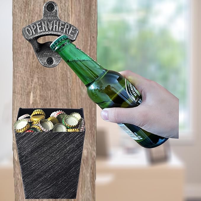 Old Fashioned Cast Iron Beer Cap Opener Wall Mounted Bottle Opener with Cap Catcher Narrow Bundle (Aged Silver) - Image 4