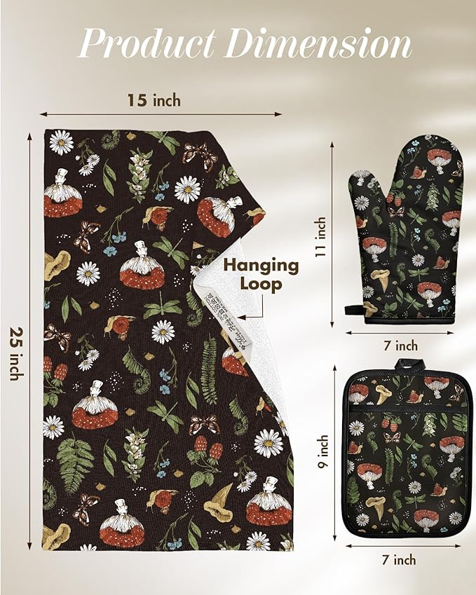 Miss Adola 270 GSM Cotton Kitchen Towels, Oven Mitt and Pot Holder - 4 Pack Kitchen Decor and Accessories Set Cute Farmhouse Boho Quilted Lining Heat Resistant Set with Hanging Loop, Black Mushroom - Image 5