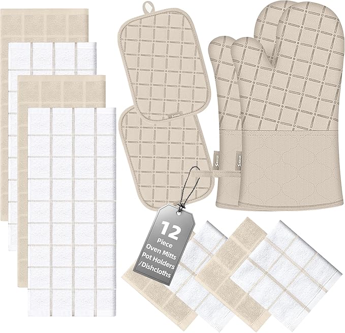 Oven Mitts Pot Holders Sets/Kitchen Towels and Dishcloths, Oven Gloves Kitchen Dish Towels 500 Degree Heat Resistant Potholders with Non-Slip Silicone Surface for Cooking, Grilling, Baking-Milkshake by BSKSSK