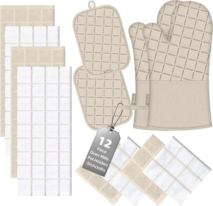 Oven Mitts Pot Holders Sets/Kitchen Towels and Dishcloths, Oven Gloves Kitchen Dish Towels 500 Degree Heat Resistant Potholders with Non-Slip Silicone Surface for Cooking, Grilling, Baking-Milkshake by BSKSSK