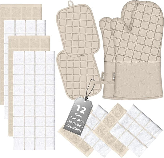Oven Mitts Pot Holders Sets/Kitchen Towels and Dishcloths, Oven Gloves Kitchen Dish Towels 500 Degree Heat Resistant Potholders with Non-Slip Silicone Surface for Cooking, Grilling, Baking-Milkshake by BSKSSK