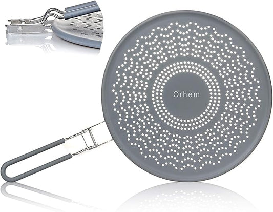11" Silicone Splatter Screen Pan Cover with Folding Handle, Heat Insulation Cooling Mat, Strainer, Drain Board, Oil Splash Guard for Frying Pan by Orhemus