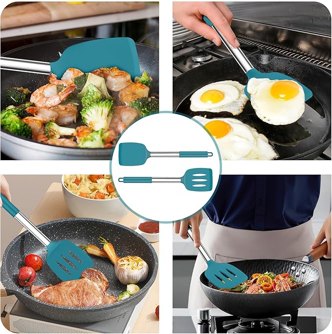 TeamFar Cooking Utensils Set, 4PCS Heatproof Silicone Utensil Kitchen Tools with Stainless Steel Handle, for Non-stick Cookware Flipping Frying Draining, Nontoxic & Non scratch, Easy Clean - Navy Blue - Image 5