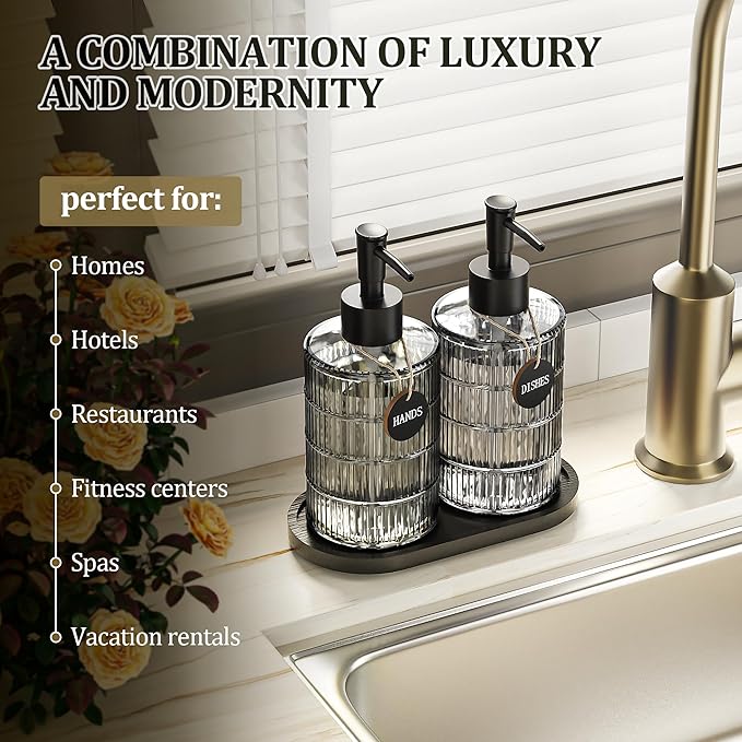 MASADI Soap Dispenser Set with Bamboo Tray, Dish and Hand Soap Lotion Dispenser Set with Wooden Pump for Kitchen and Bathroom Decor for Counter, Modern Vintage Liquid Soap Dispensers (Grey&Black) - Image 3