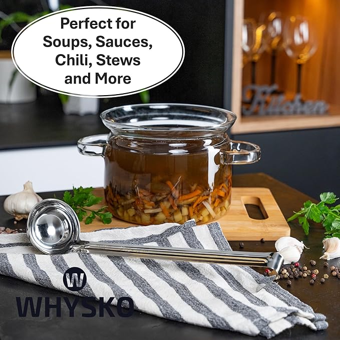 Whysko Soup Ladles Stainless Steel, 3-Pack of 2 oz. Metal Ladle Spoons, Rustproof Heat-Resistant Materials for Cooking and Serving Soups and Sauces, Commercial Grade Kitchen Essentials