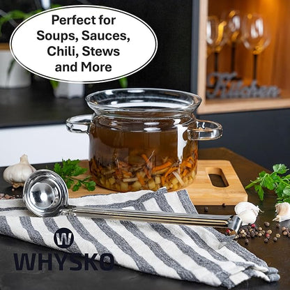 Whysko Soup Ladles Stainless Steel, 3-Pack of 2 oz. Metal Ladle Spoons, Rustproof Heat-Resistant Materials for Cooking and Serving Soups and Sauces, Commercial Grade Kitchen Essentials