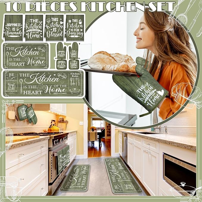 Fourluoo 10 Pcs Farmhouse Kitchen Decor and Accessories Set 4 Kitchen Towels 2 Pot Holders 2 Oven Mitts 2 Rugs for Cooking Baking Mom Housewarming Gifts(Sage Green,Classic Style) - Image 2