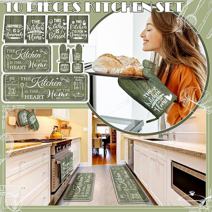 Fourluoo 10 Pcs Farmhouse Kitchen Decor and Accessories Set 4 Kitchen Towels 2 Pot Holders 2 Oven Mitts 2 Rugs for Cooking Baking Mom Housewarming Gifts(Sage Green,Classic Style) - Image 2