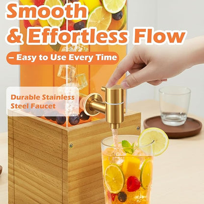 2 Gallon Drink Dispenser for Parties, Beverage Dispenser with Airtight Valve, Large Water Drink Dispenser, Water Dispenser with Wood Stand, Lemonade Dispenser for Water, Juice,Cocktails,Ice Tea