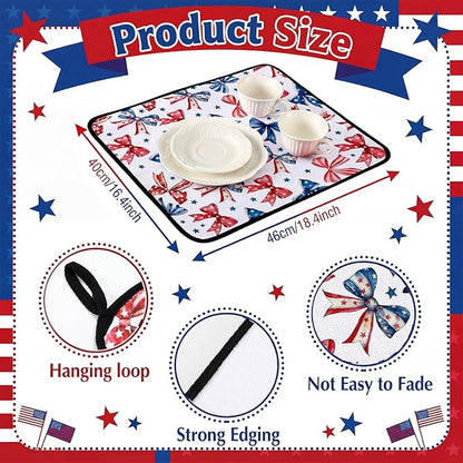 Breling Patriotic Dish Drying Mat 4th of July Kitchen Drying Mat 16 x 18 Inch Red Blue and White Bow Dish Pad Microfiber Non-slip Mats for 250th Anniversary Kitchen Decor Independence Day Accessories