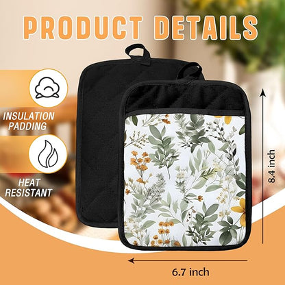 Sage Green Leaf Floral Pot Holders with Pockets, Cottagecore Botanical Flower Oven Pot Holders Heat Resistant Oven Mitts Hot Pads for Kitchen Baking Cooking
