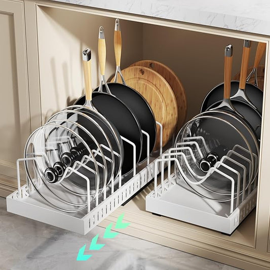 Pull Out Pots and Pans Organizer Under Cabinet, Expandable Sliding Lid Holder and Pan Rack for Kitchen, Slide Out inside Cabinet for Pot Lid, Bakeware, Dishes, 10 Adjustable Dividers, 2 Pack White by Lozovincablemanagementtray