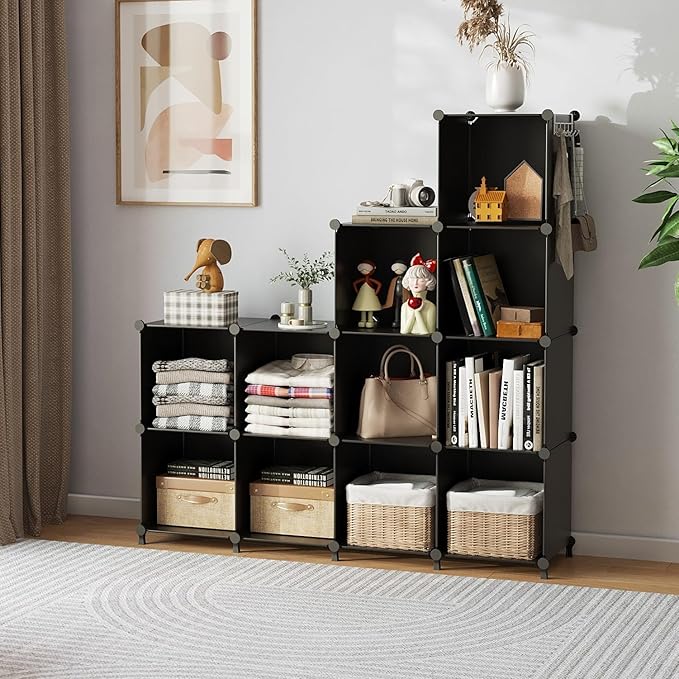 AWTATOS Cube Storage Organizer Closet Storage Shelves DIY Stackable Plastic Storage 12 Cube Bookshelf, Ideal Storage Organizer for Closet, Home, Bedroom, Black - Image 5
