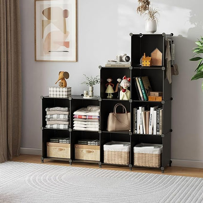 AWTATOS Cube Storage Organizer Closet Storage Shelves DIY Stackable Plastic Storage 12 Cube Bookshelf, Ideal Storage Organizer for Closet, Home, Bedroom, Black - Image 5