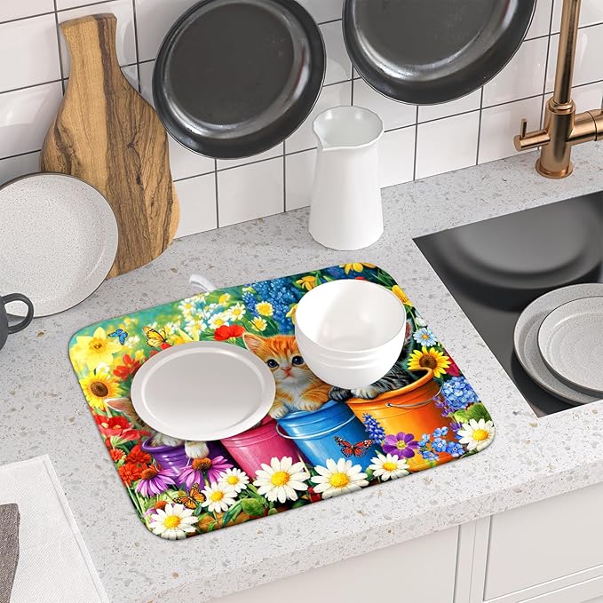 Funny Absorbent Dish Drying Mat Spring Cat Dish Drying Mats for Kitchen Counter Small - Image 6