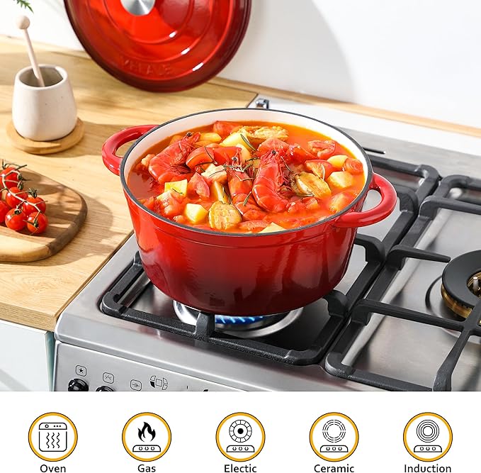 Velaze 7.5 QT Dutch Oven Pot with Lid, Enameled Cast Iron Dutch Oven with Dual Handles for Sourdough Bread Baking, Cooking, Non-stick Enamel Coated Cookware (RED) - Image 6