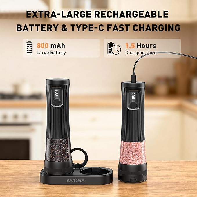 Electric Salt and Pepper Grinder Set, Upgrade 2-Speed Setting, External 5 Adjustable Coarseness, Rechargeable Automatic Salt & Pepper Shakers Mill with Battery Display, Storage Base & Led Light, Black - Image 5