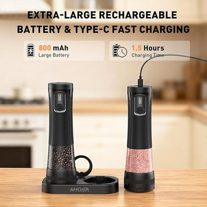 Electric Salt and Pepper Grinder Set, Upgrade 2-Speed Setting, External 5 Adjustable Coarseness, Rechargeable Automatic Salt & Pepper Shakers Mill with Battery Display, Storage Base & Led Light, Black - Image 5